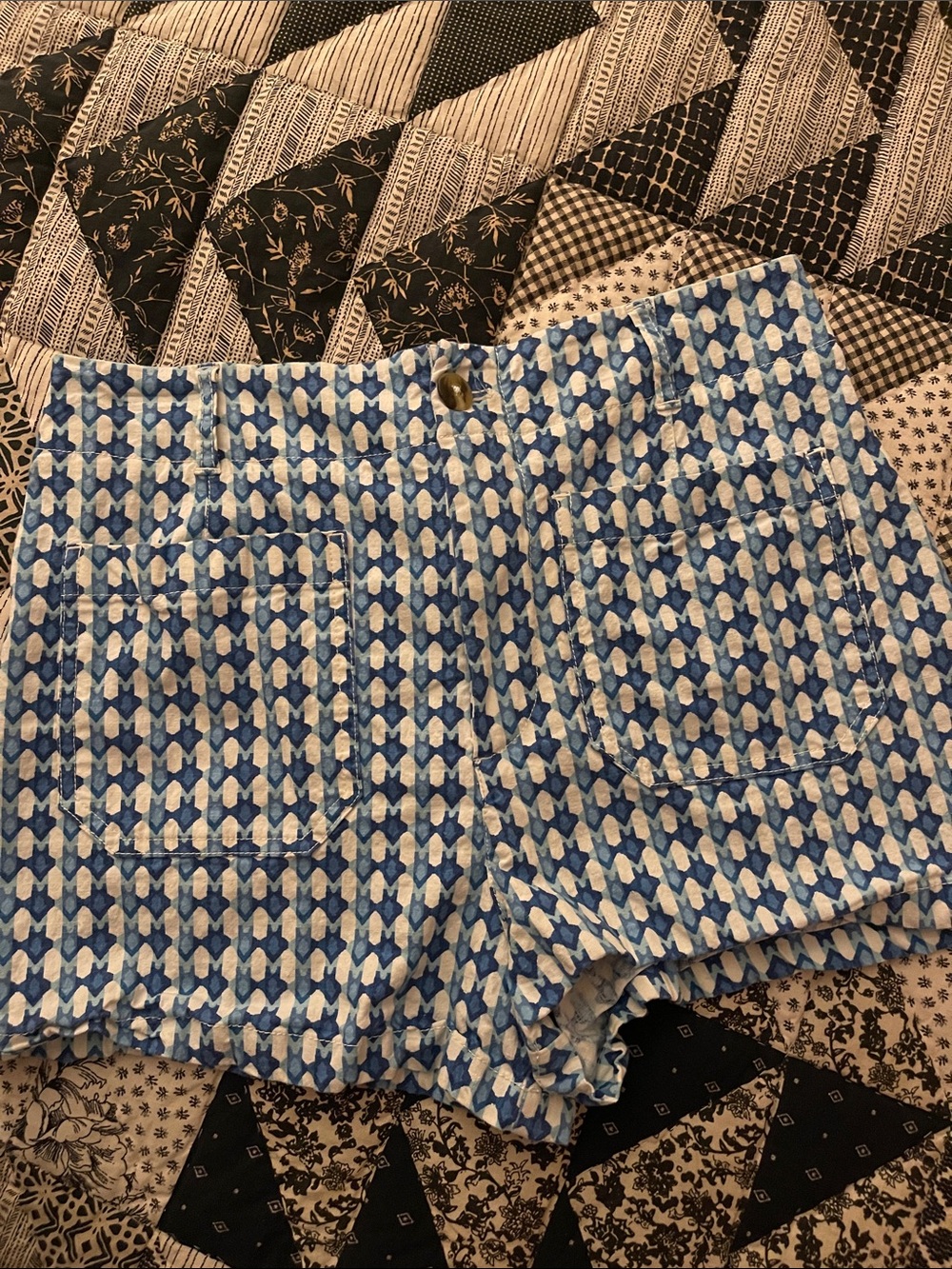 Anthropologie Maeve High-Waist Blue & White Geometric Shorts